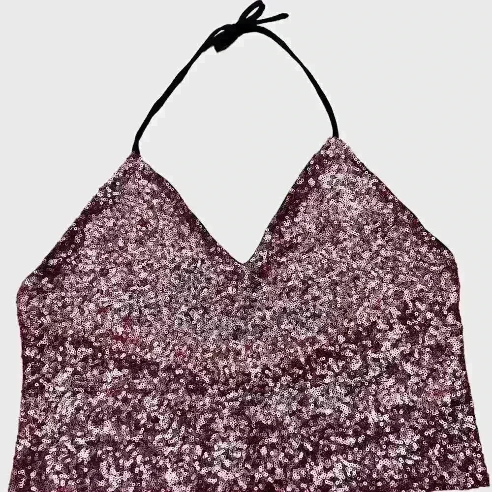 SOLEMIO pink sequin cropped halter size Large EXC CON